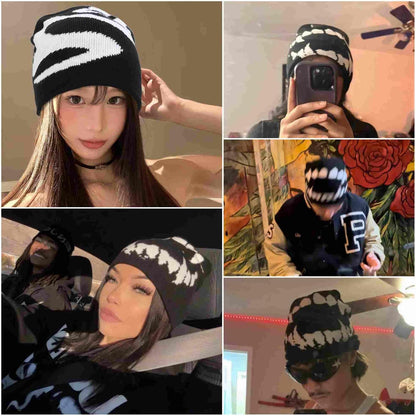 Black Graphic Beanie for Men Women, Streetwear y2k Knitted Hat, Slouchy Goth Skull Cap (2 pcs)