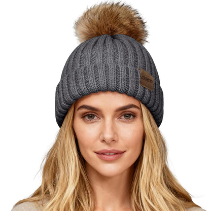 ZOORON Womens Winter Knitted Beanie Hat with Faux Fur Pom Beanie Warm Knit Skull Cap Beanie for Women