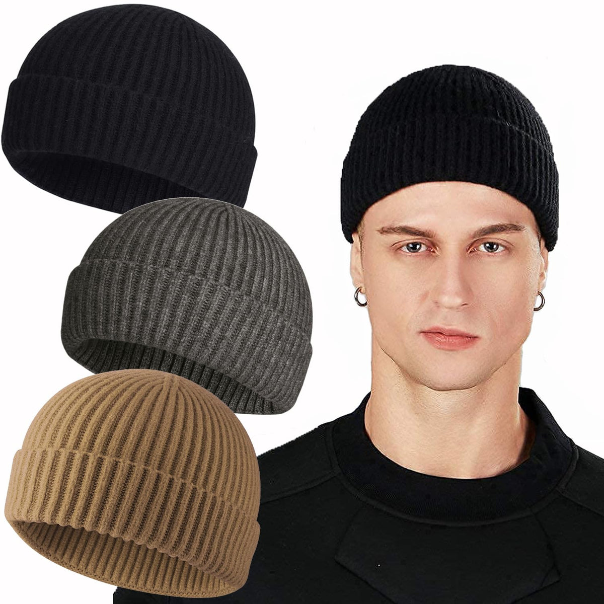 ROYBENS Swag Wool Knit Cuff Short Fisherman Beanie for Men Women Winter Hat