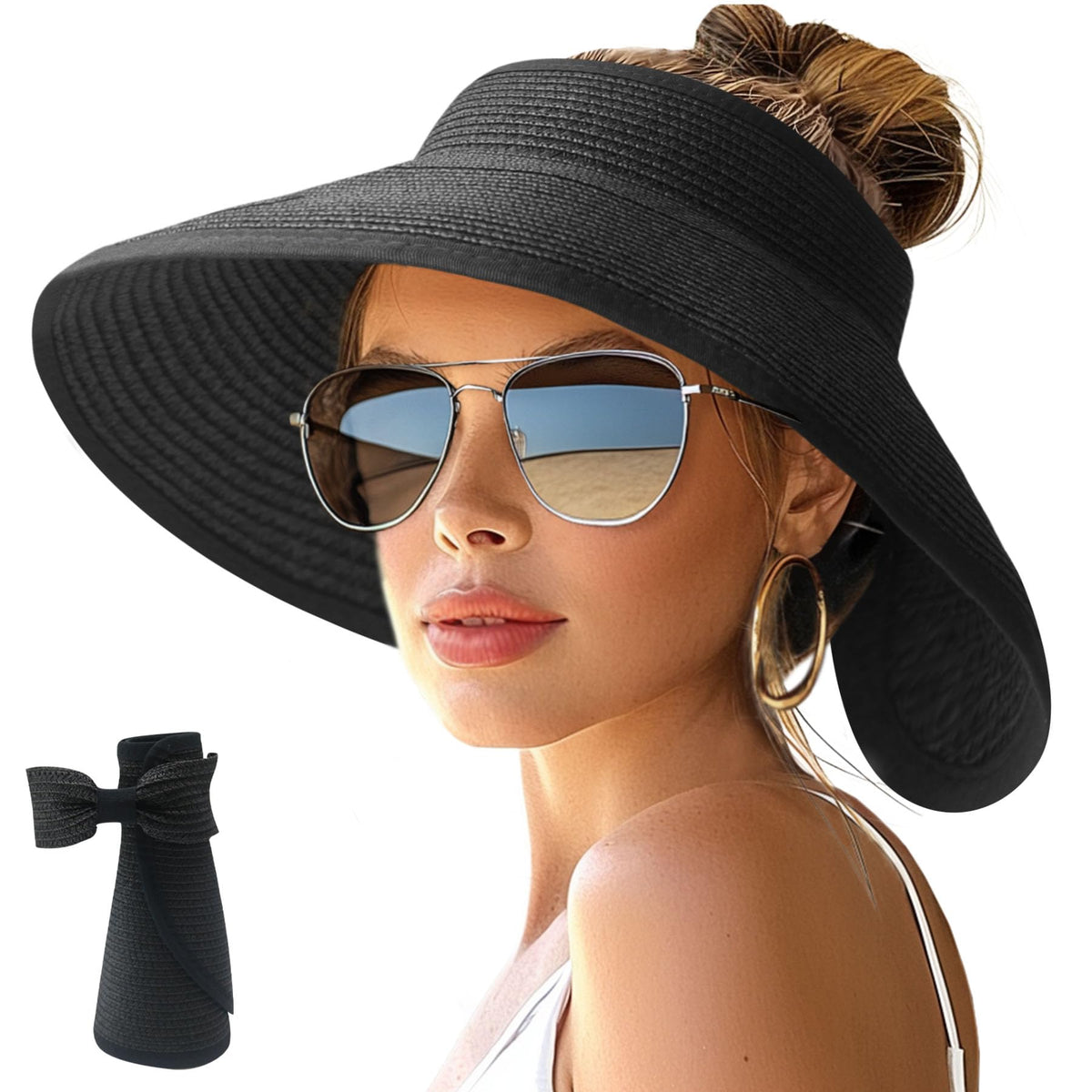 NPJY Sun Hats for Women Wide Brim Roll-Up Ponytail Packable Straw Visor