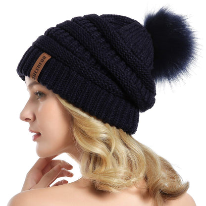Women Knit Slouchy Beanie Chunky Baggy Hat with Faux Fur Pompom Winter Soft Warm Ski Cap
