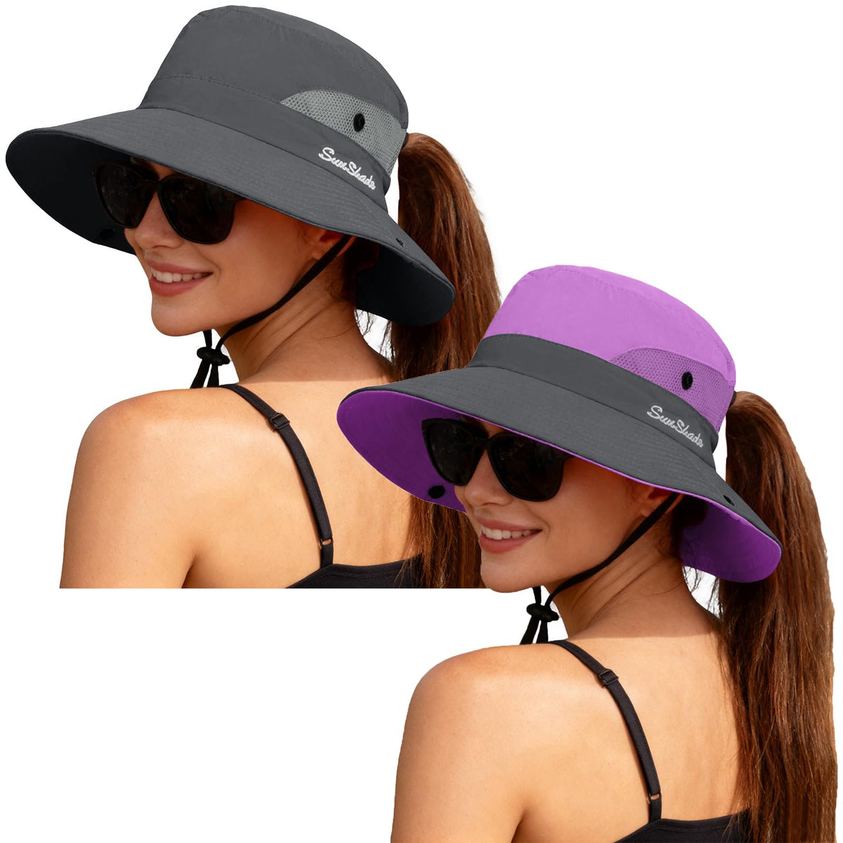 ZOORON Women's Ponytail Safari Sun Hat,Wide Brim UV Protection Bucket Hat