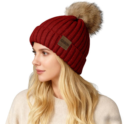 ZOORON Womens Winter Knitted Beanie Hat with Faux Fur Pom Beanie Warm Knit Skull Cap Beanie for Women