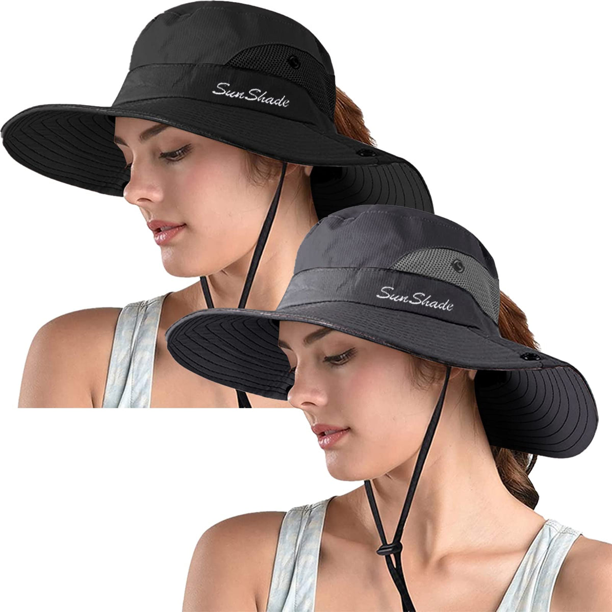 ZOORON Women's Ponytail Safari Sun Hat,Wide Brim UV Protection Bucket Hat