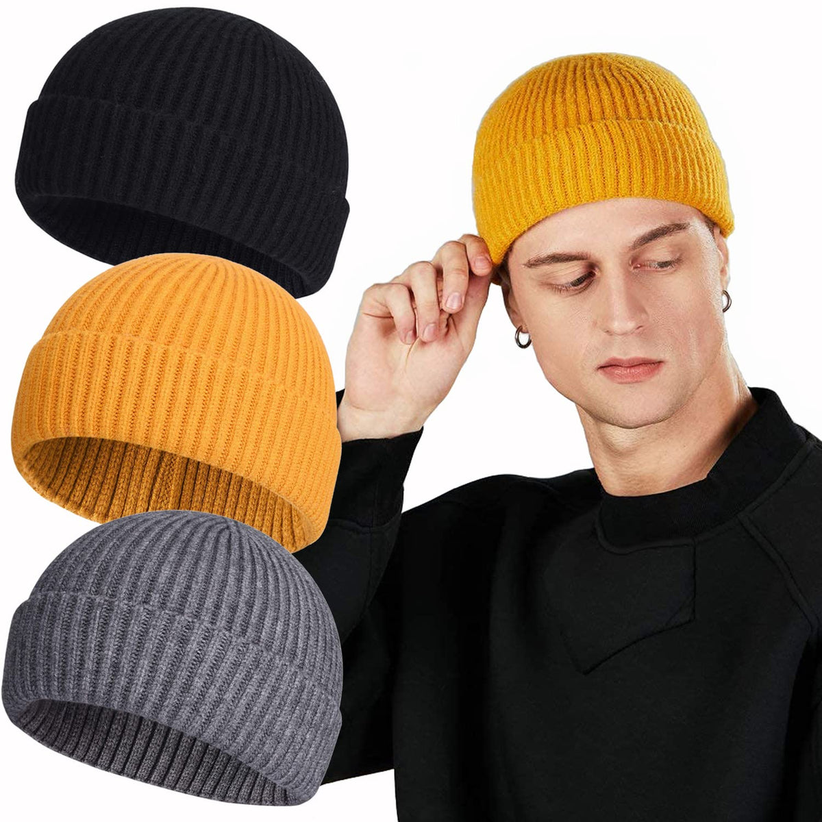 ROYBENS Swag Wool Knit Cuff Short Fisherman Beanie for Men Women Winter Hat