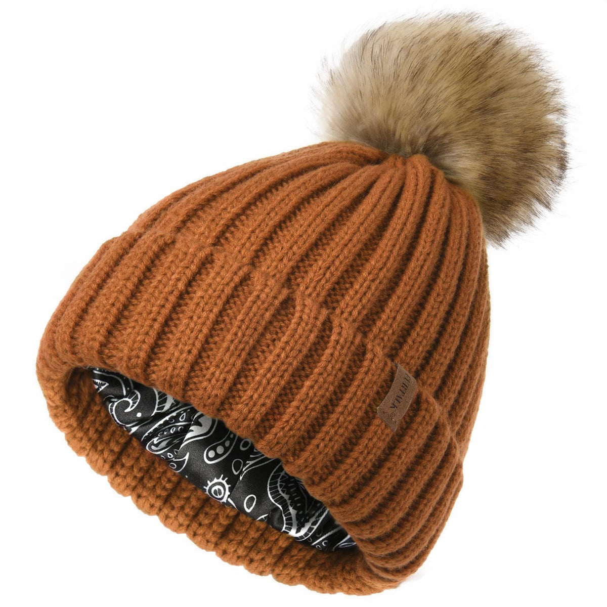 FURTALK Womens Winter Beanie Hat Satin Lined Faux Fur Pom Pom Beanies Hat for Women Winter Warm Knit Hats