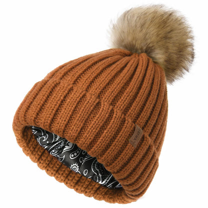 FURTALK Womens Winter Beanie Hat Satin Lined Faux Fur Pom Pom Beanies Hat for Women Winter Warm Knit Hats