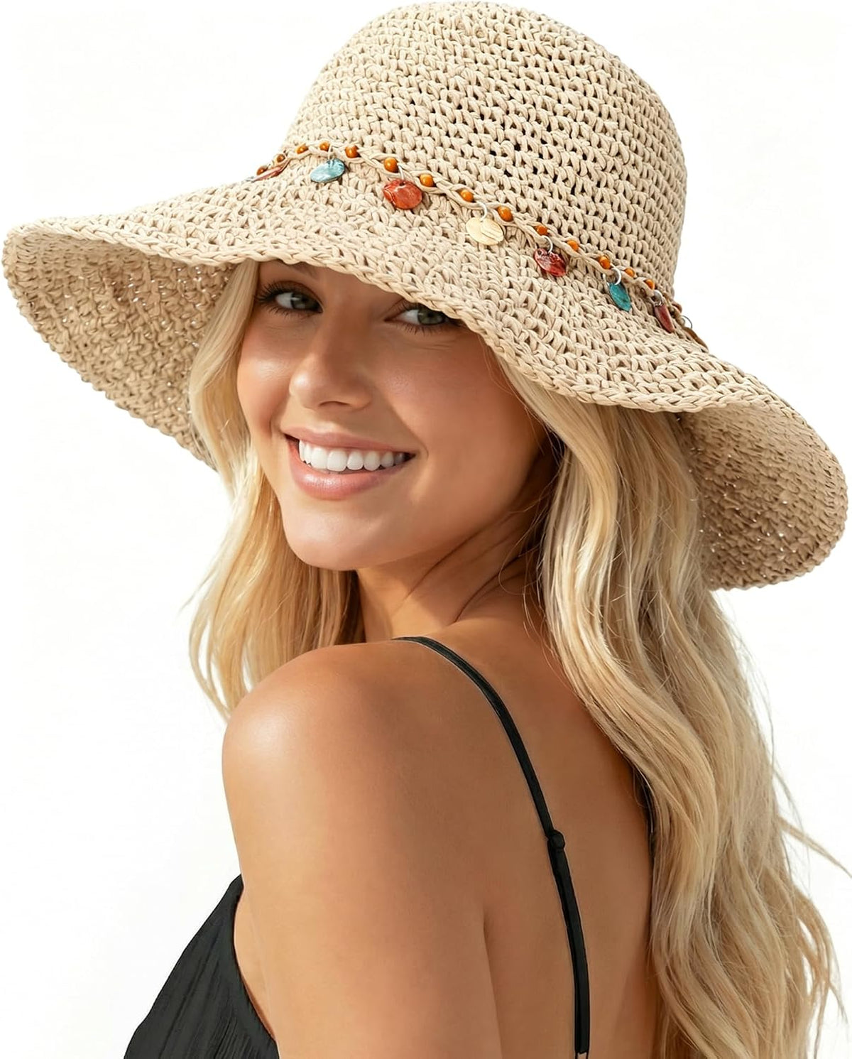 Beach Sun Hats for Women, Wide Brim Straw Hat, UPF 50+ UV Protection