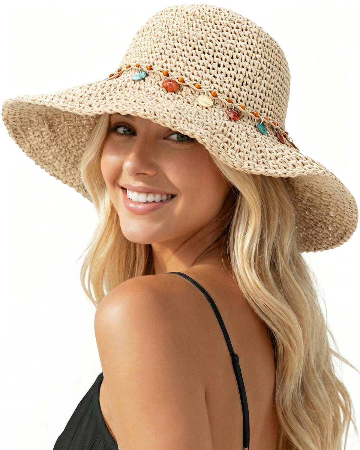 Beach Sun Hats for Women, Wide Brim Straw Hat, UPF 50+ UV Protection