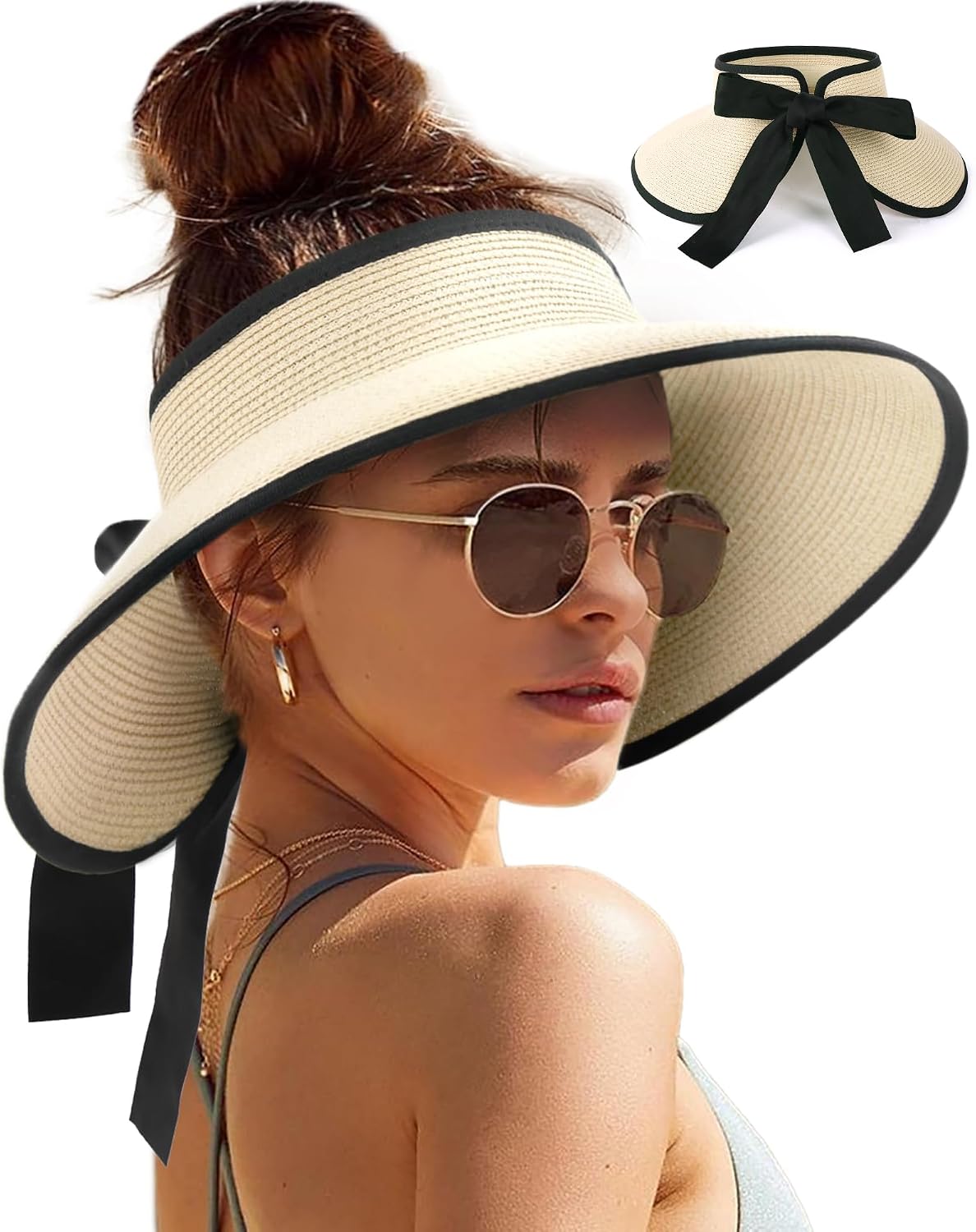 Camptrace Women's Straw Sun Visor Hat UPF Wide Shade Ponytail Summer Hat