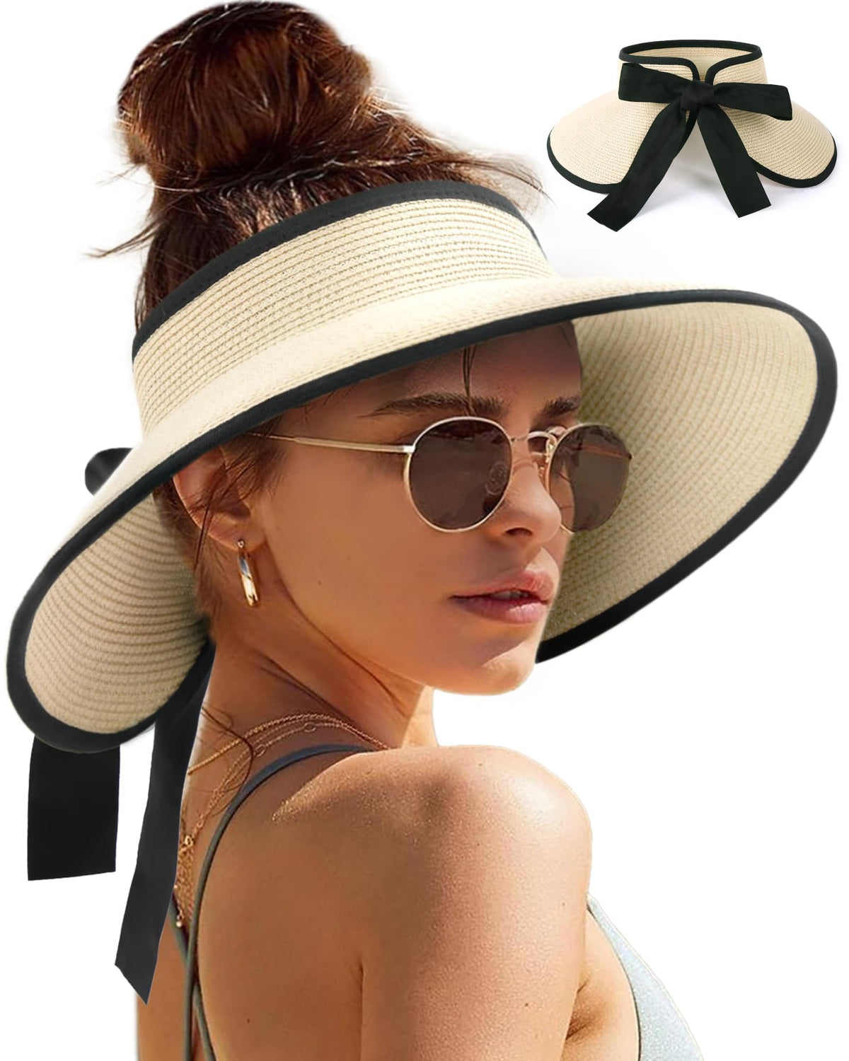 Camptrace Women's Straw Sun Visor Hat UPF Wide Shade Ponytail Summer Hat