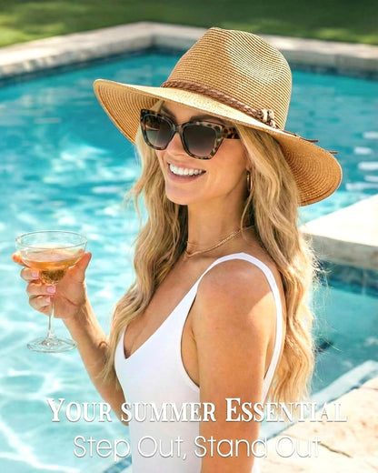 FURTALK Womens Wide Brim Sun Hat Beach Panama Fedora Straw Summer