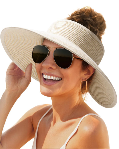 FURTALK Womens Sun Hat with Ponytail Hole Wide Brim Beach Straw Visor