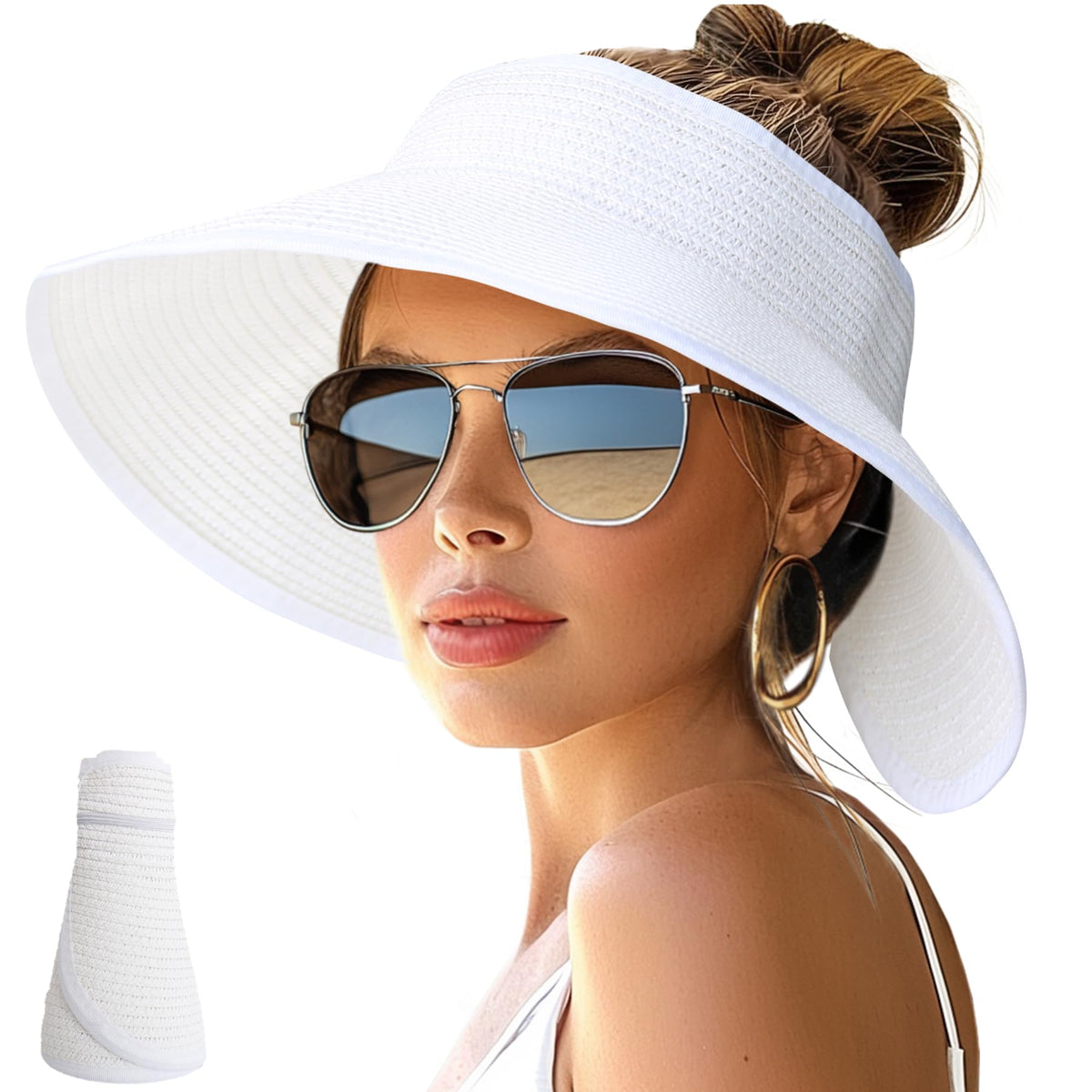 NPJY Sun Hats for Women Wide Brim Roll-Up Ponytail Packable Straw Visor