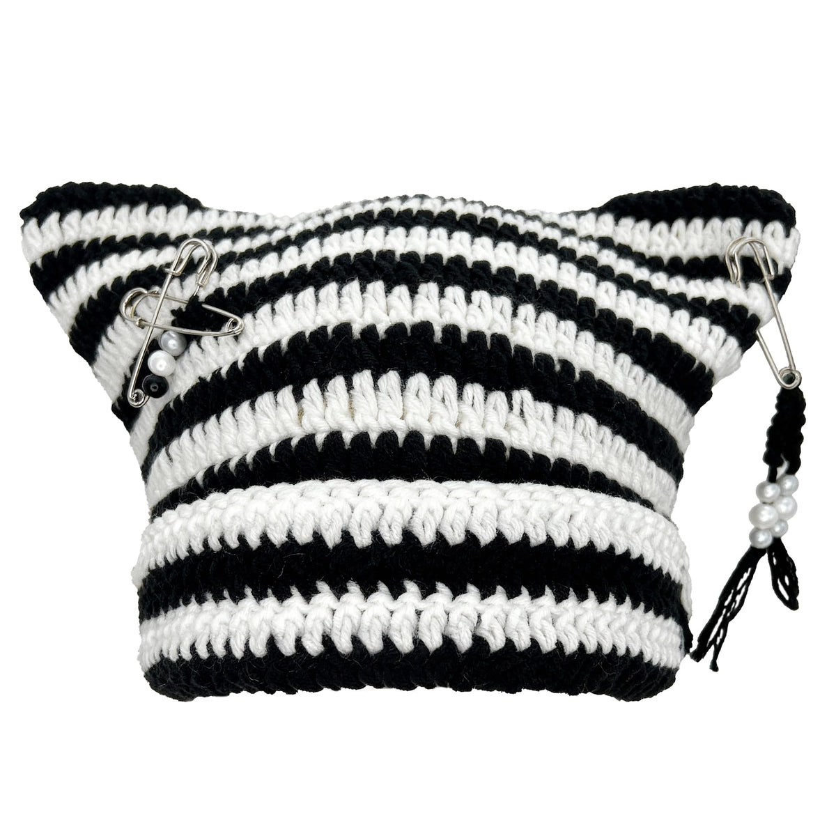Cat Ear Beanie for Women, Y2K Striped Slouchy Crochet Goth Style with DIY Accessories, Cute Knit Hat with Ears