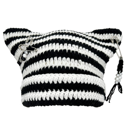 Cat Ear Beanie for Women, Y2K Striped Slouchy Crochet Goth Style with DIY Accessories, Cute Knit Hat with Ears