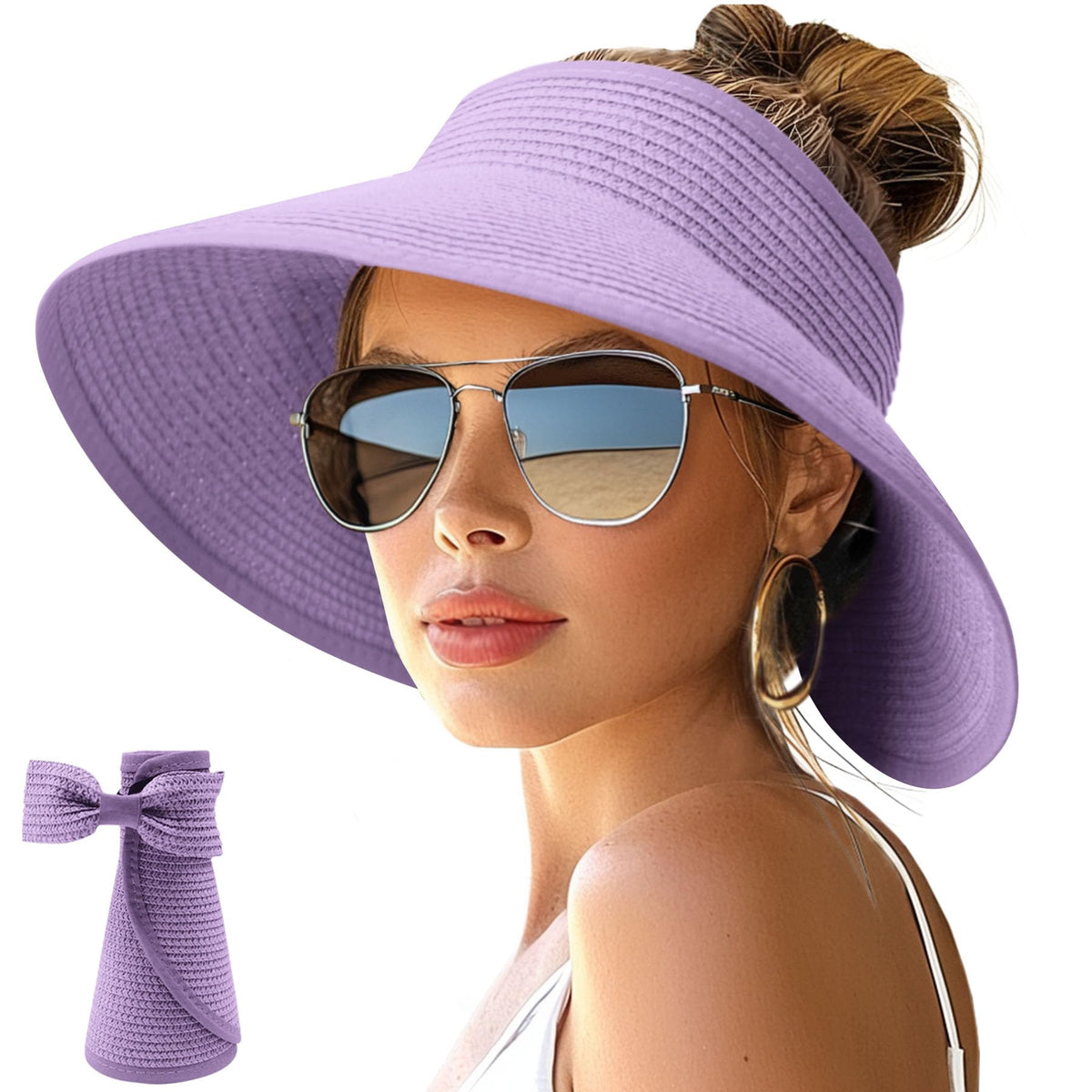 NPJY Sun Hats for Women Wide Brim Roll-Up Ponytail Packable Straw Visor