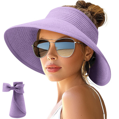 NPJY Sun Hats for Women Wide Brim Roll-Up Ponytail Packable Straw Visor