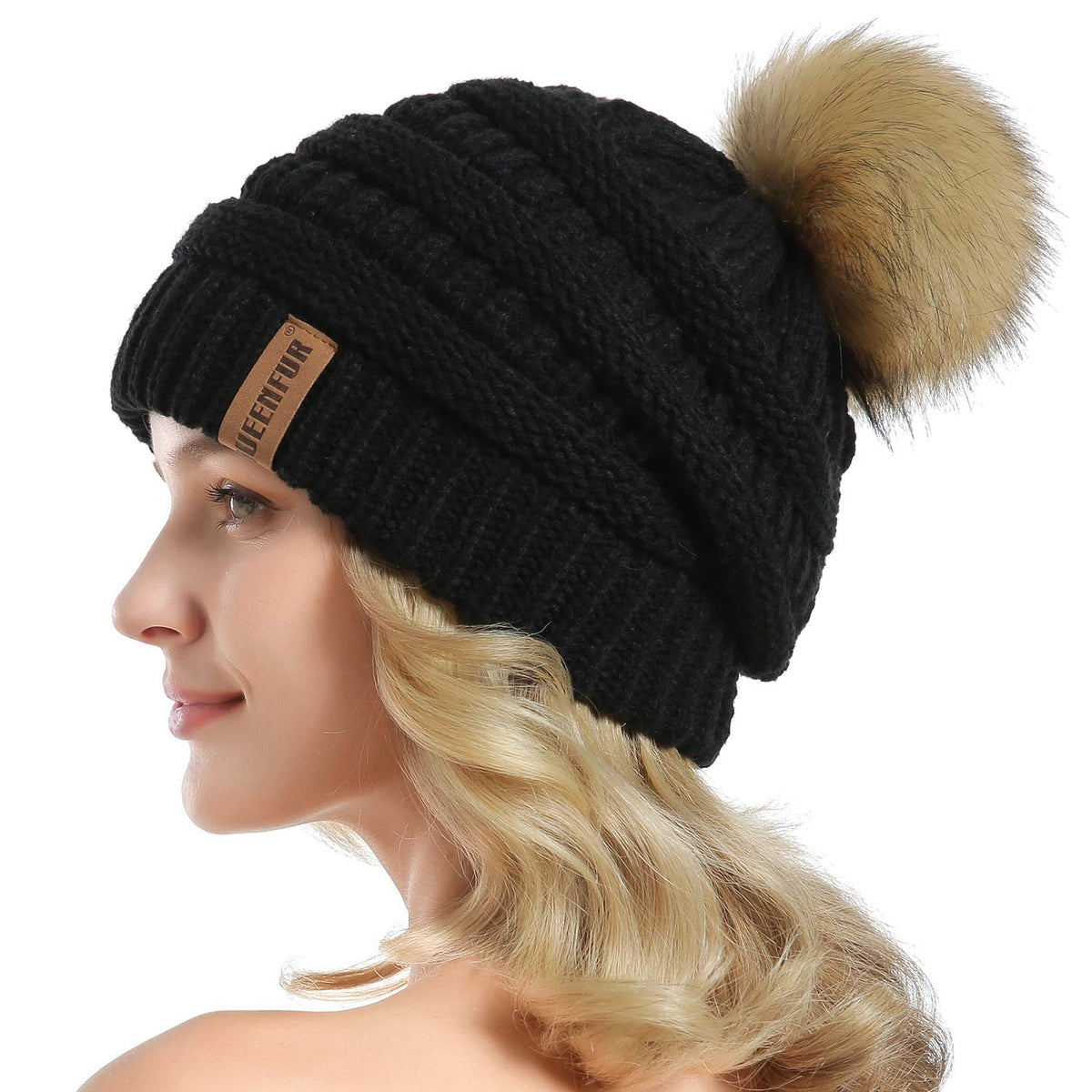 Women Knit Slouchy Beanie Chunky Baggy Hat with Faux Fur Pompom Winter Soft Warm Ski Cap