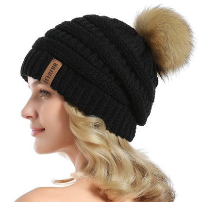 Women Knit Slouchy Beanie Chunky Baggy Hat with Faux Fur Pompom Winter Soft Warm Ski Cap
