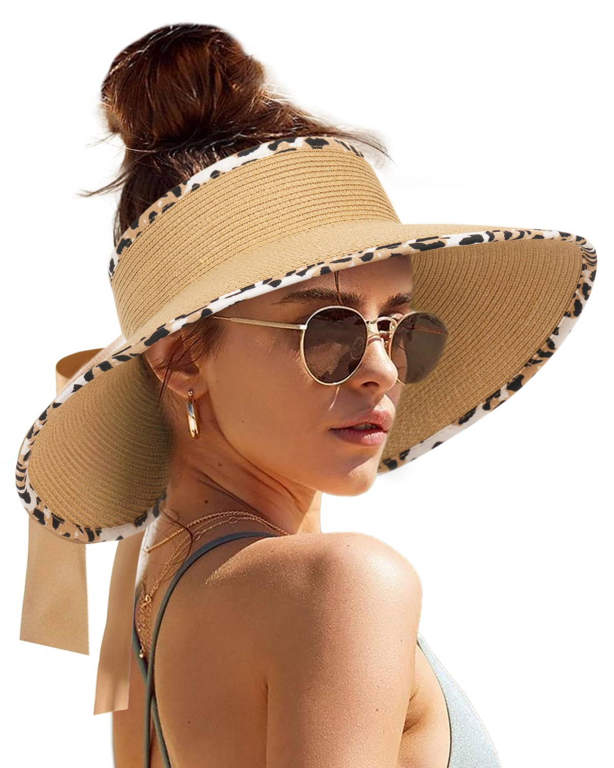 Camptrace Women's Straw Sun Visor Hat UPF Wide Shade Ponytail Summer Hat