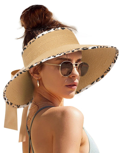 Camptrace Women's Straw Sun Visor Hat UPF Wide Shade Ponytail Summer Hat