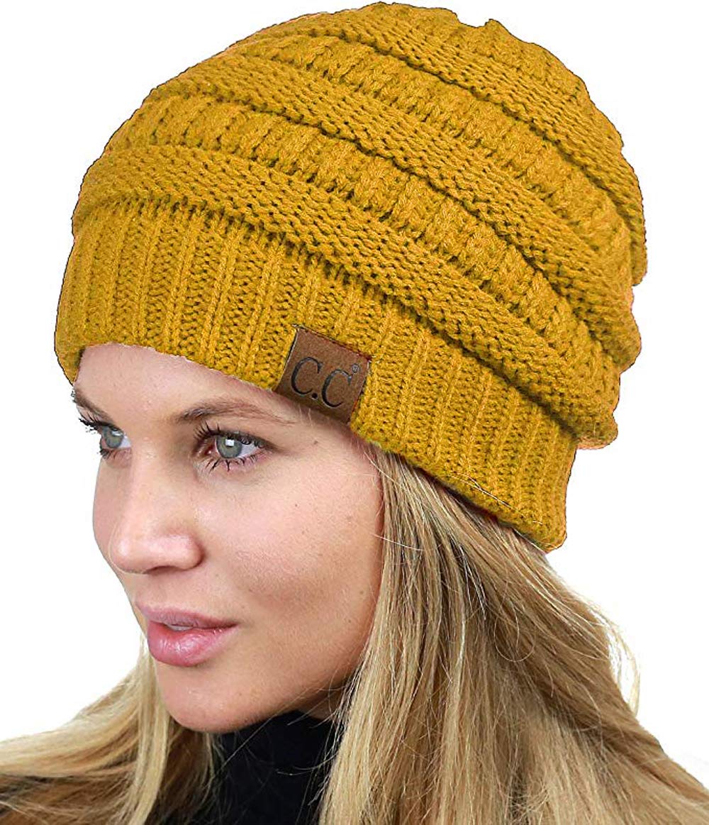 C.C Unisex Chunky Soft Stretch Cable Knit Warm Fuzzy Lined Skully Beanie