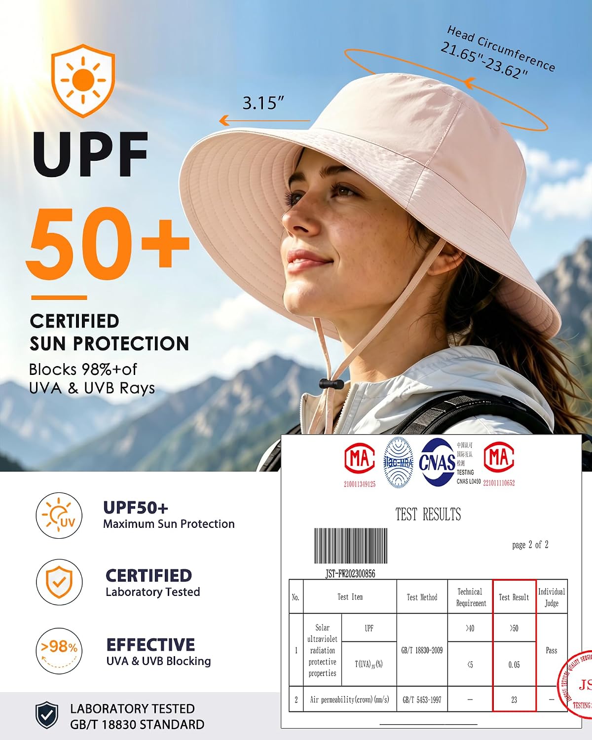 Water-Resistant UPF 50+ Sun Bucket Hat Packable Brimmed for Women Men