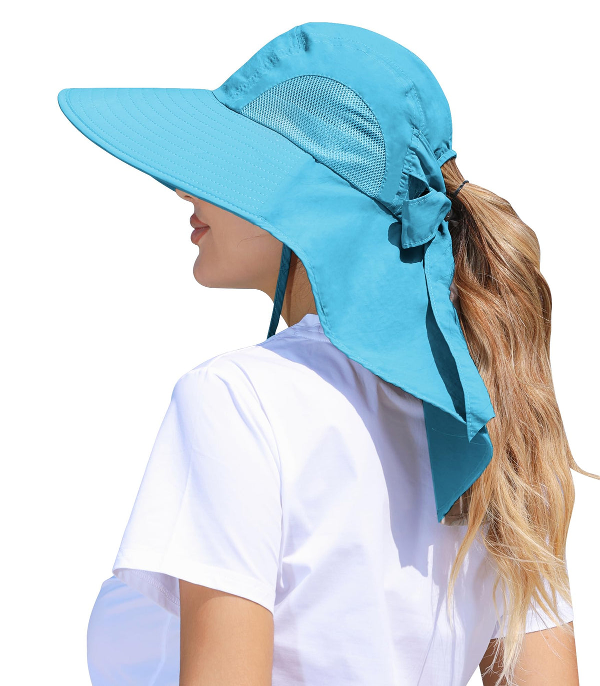 Womens Sun Hat Outdoor UV Protection Wide Brim Fishing Hat with Ponytail Hole Neck Flap for Beach Hiking Camping
