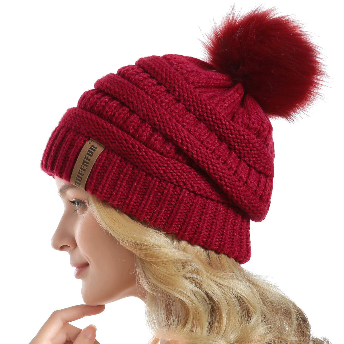 Women Knit Slouchy Beanie Chunky Baggy Hat with Faux Fur Pompom Winter Soft Warm Ski Cap