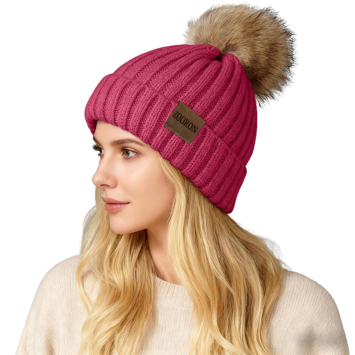 ZOORON Womens Winter Knitted Beanie Hat with Faux Fur Pom Beanie Warm Knit Skull Cap Beanie for Women