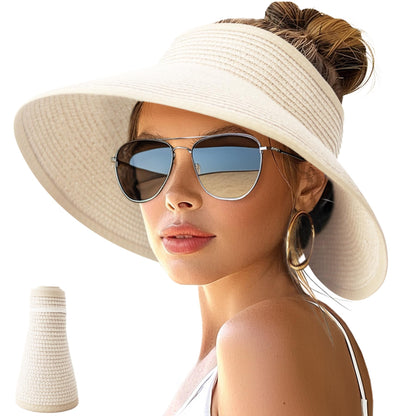 NPJY Sun Hats for Women Wide Brim Roll-Up Ponytail Packable Straw Visor