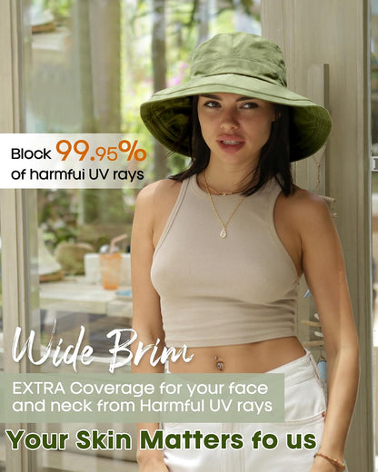 Hatiis Womens Sun Hat with Ponytail Hole Cotton Shapeable Wide Brim