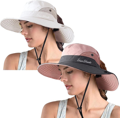 ZOORON Women's Ponytail Safari Sun Hat,Wide Brim UV Protection Bucket Hat