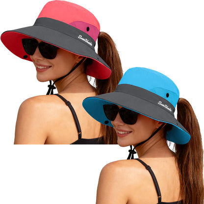 ZOORON Women's Ponytail Safari Sun Hat,Wide Brim UV Protection Bucket Hat