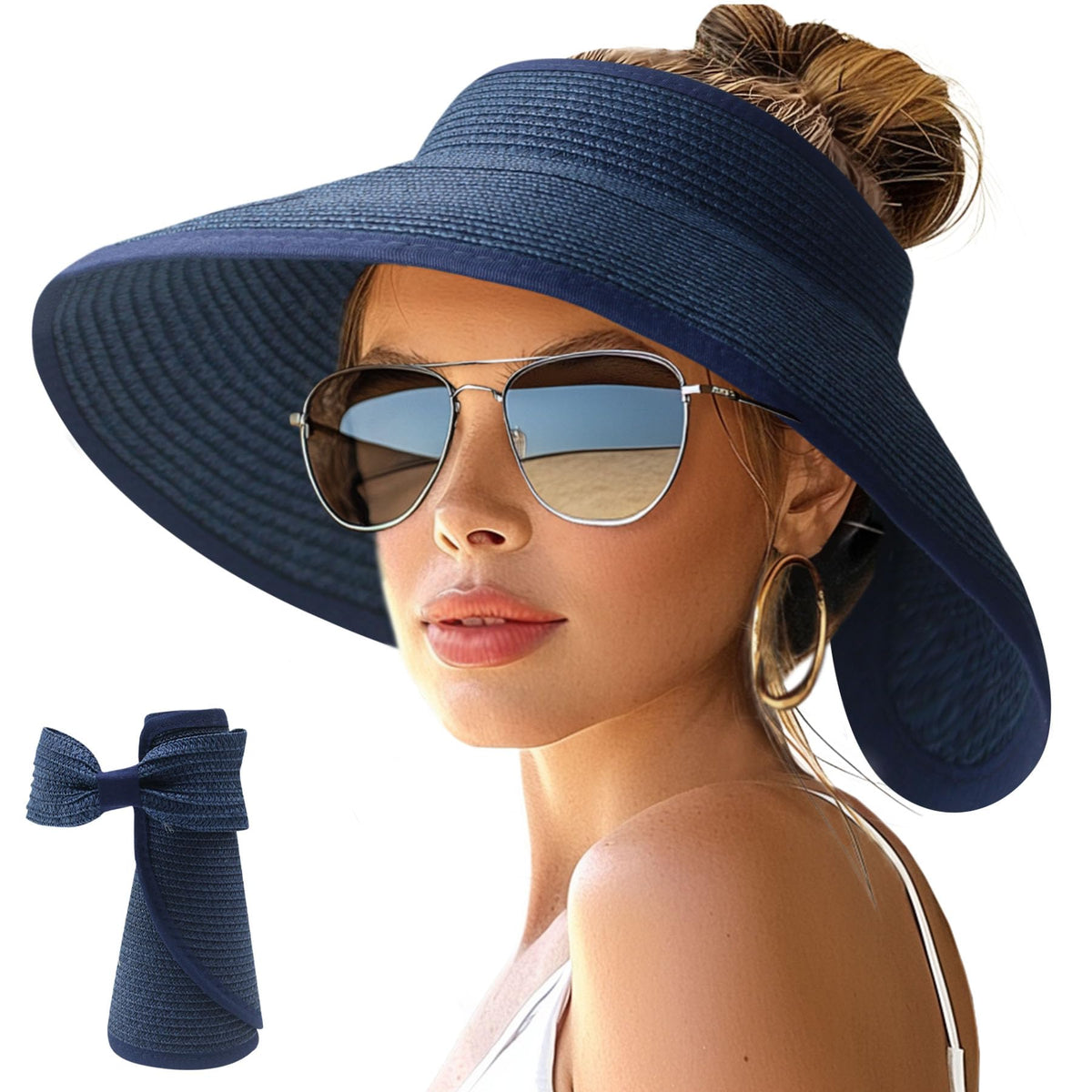 NPJY Sun Hats for Women Wide Brim Roll-Up Ponytail Packable Straw Visor