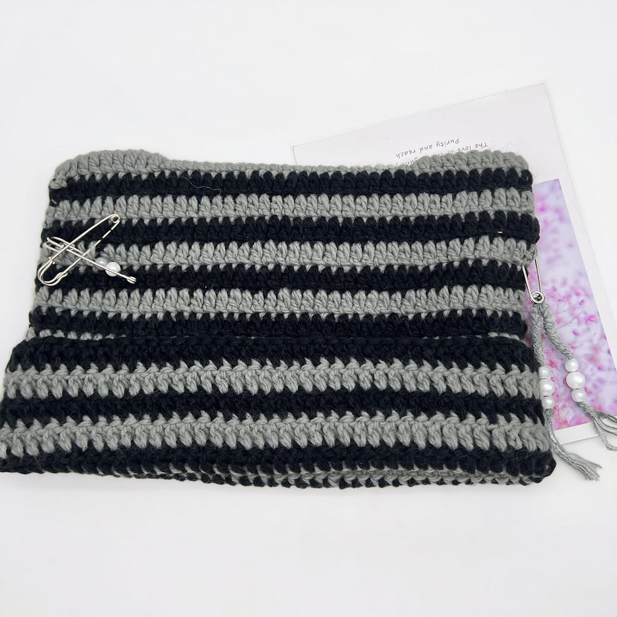 Cat Ear Beanie for Women, Y2K Striped Slouchy Crochet Goth Style with DIY Accessories, Cute Knit Hat with Ears