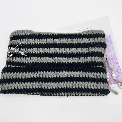 Cat Ear Beanie for Women, Y2K Striped Slouchy Crochet Goth Style with DIY Accessories, Cute Knit Hat with Ears