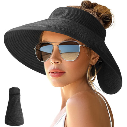 NPJY Sun Hats for Women Wide Brim Roll-Up Ponytail Packable Straw Visor