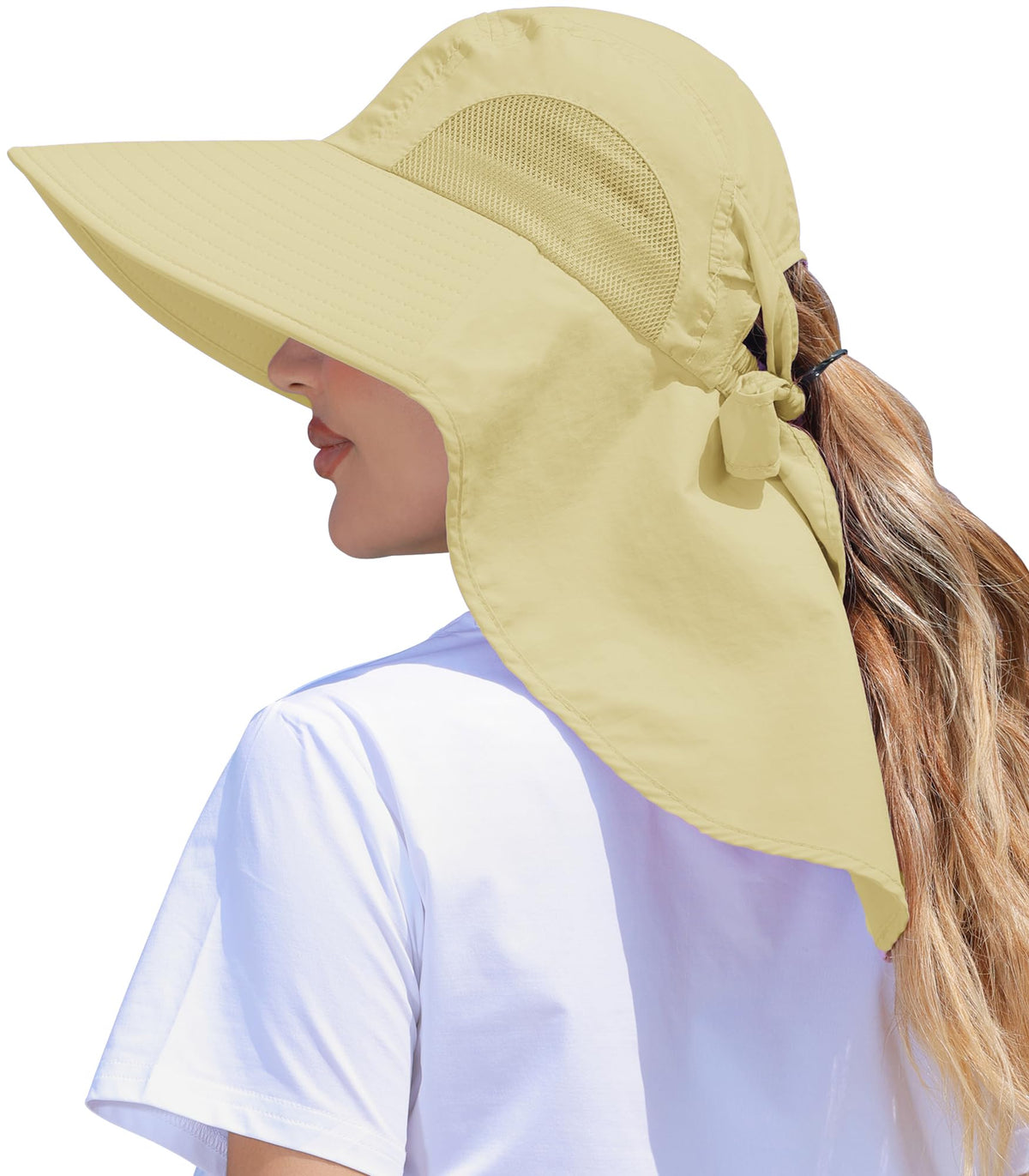 Womens Sun Hat Outdoor UV Protection Wide Brim Fishing Hat with Ponytail Hole Neck Flap for Beach Hiking Camping