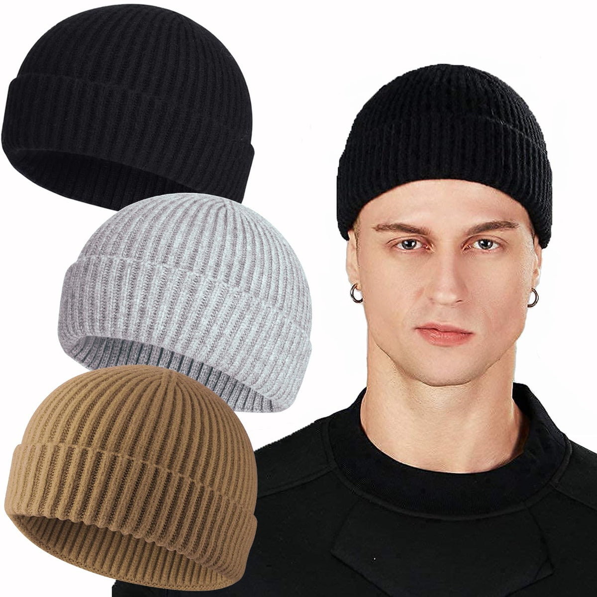ROYBENS Swag Wool Knit Cuff Short Fisherman Beanie for Men Women Winter Hat