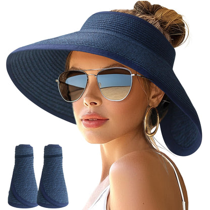 NPJY Sun Hats for Women Wide Brim Roll-Up Ponytail Packable Straw Visor