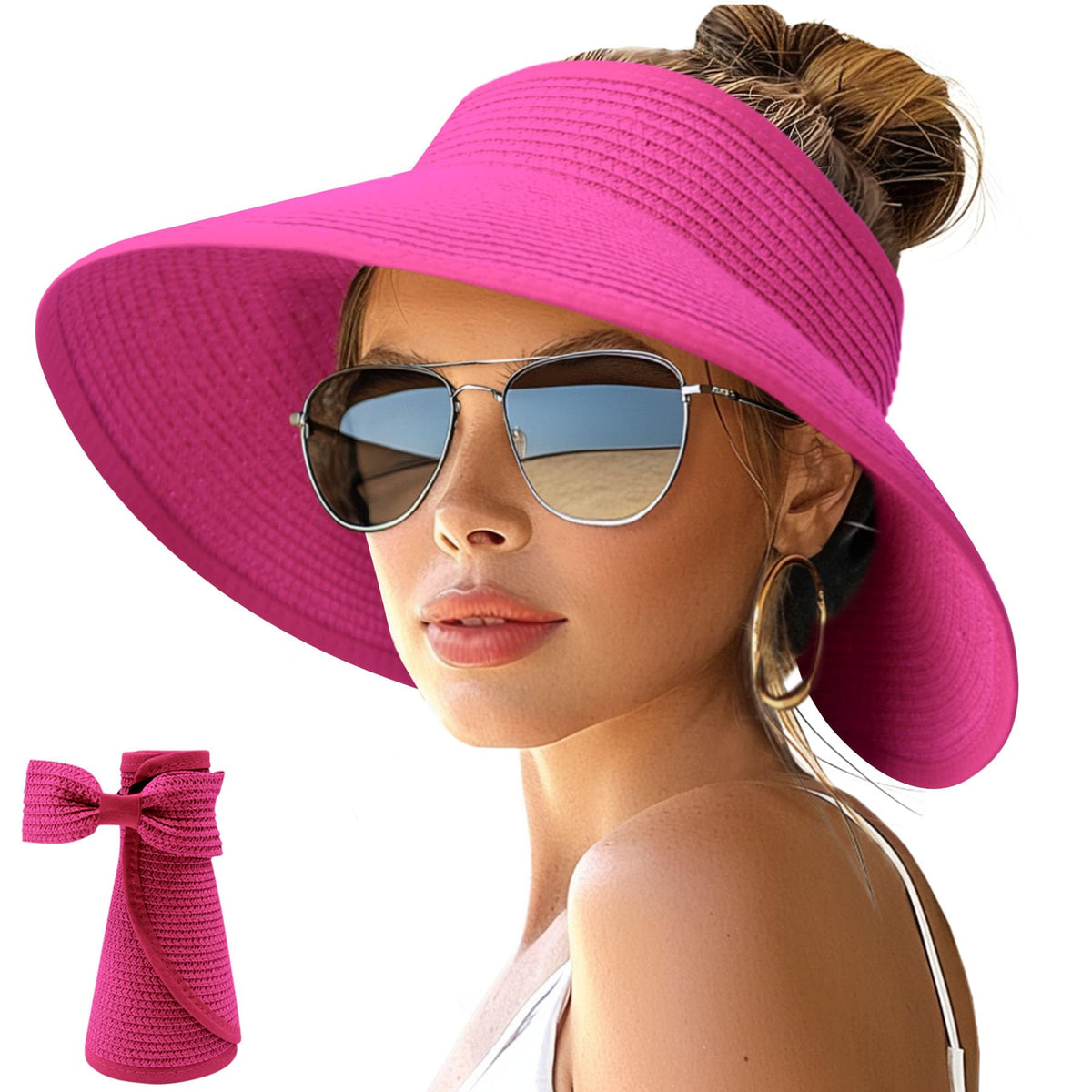 NPJY Sun Hats for Women Wide Brim Roll-Up Ponytail Packable Straw Visor
