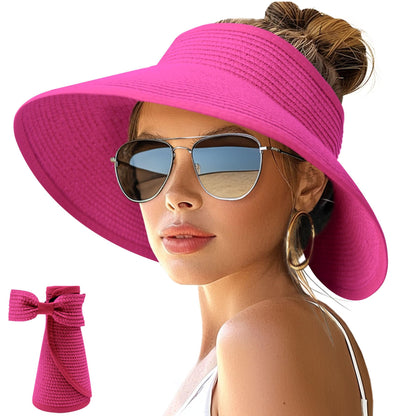 NPJY Sun Hats for Women Wide Brim Roll-Up Ponytail Packable Straw Visor