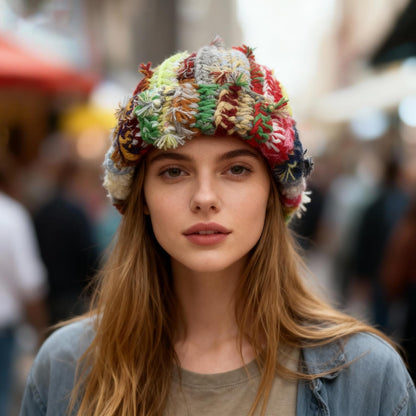 Womens Chunky Crochet Beanie Casual Cuffed Winter Hat with Boho Tassel Knot