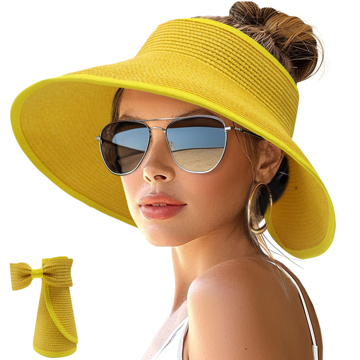 NPJY Sun Hats for Women Wide Brim Roll-Up Ponytail Packable Straw Visor