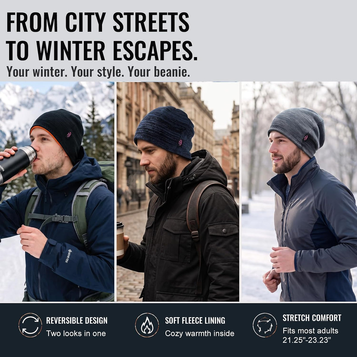 3 Pack Reversible Fleece Lined Beanie Hats for Men Women Winter Knit Hats