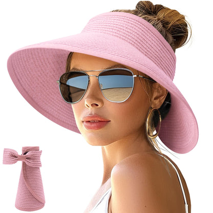 NPJY Sun Hats for Women Wide Brim Roll-Up Ponytail Packable Straw Visor
