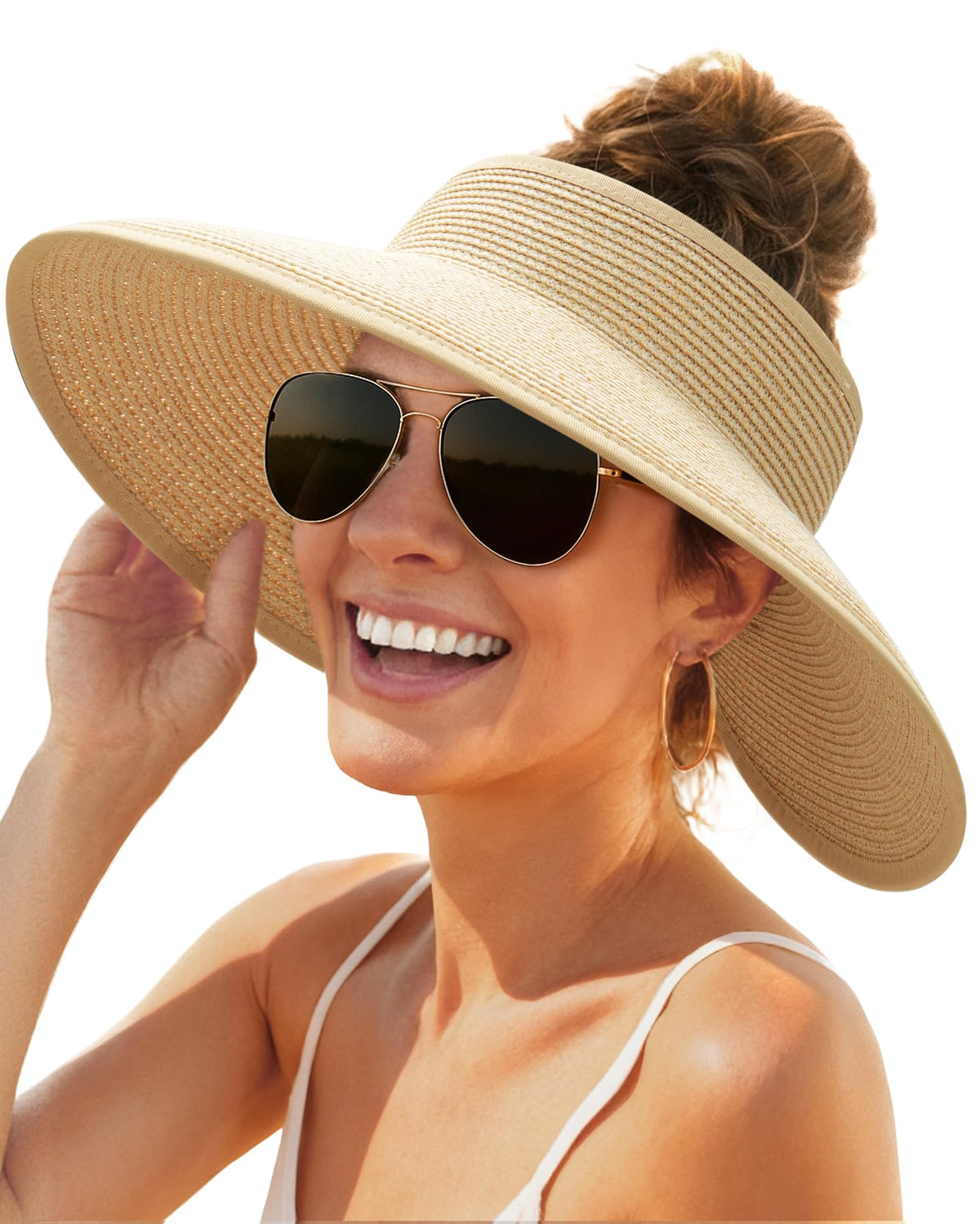 FURTALK Womens Sun Hat with Ponytail Hole Wide Brim Beach Straw Visor