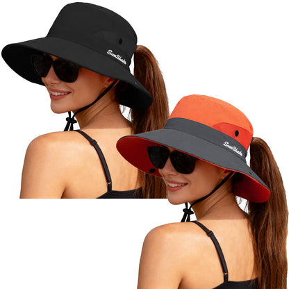 ZOORON Women's Ponytail Safari Sun Hat,Wide Brim UV Protection Bucket Hat